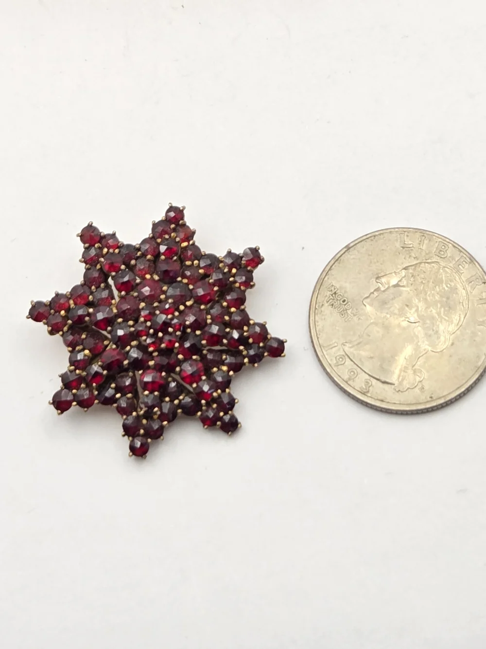 Vintage Bohemian Garnet Starburst Snowflake Cluster Brooch Pin Gold Tone 1.25